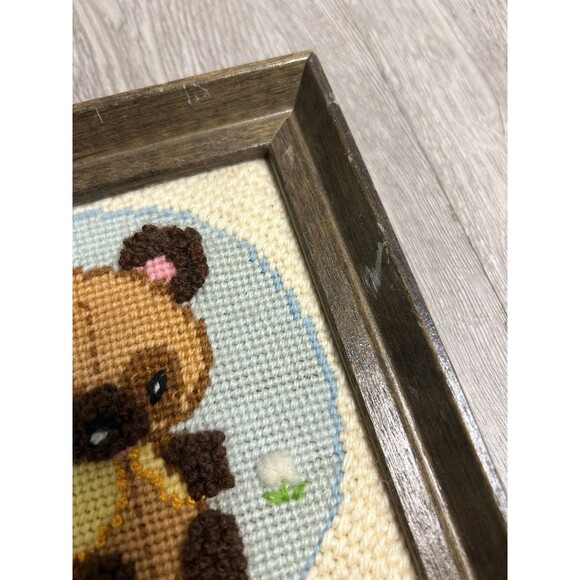 Vintage Nursery Decor Needlepoint Crewel Teddy Bear Framed 6” - Picture 3 of 6